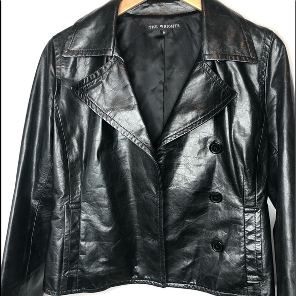 The Wrights Black Leather Double Breasted Jacket Moto Size 8 - Picture 13 of 13